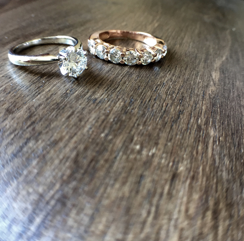 Rachel Brooks Custom Fine Jewelry Round Diamond Solitaire Engagement Ring Paired With Rose Gold Seven Stone Wedding Band